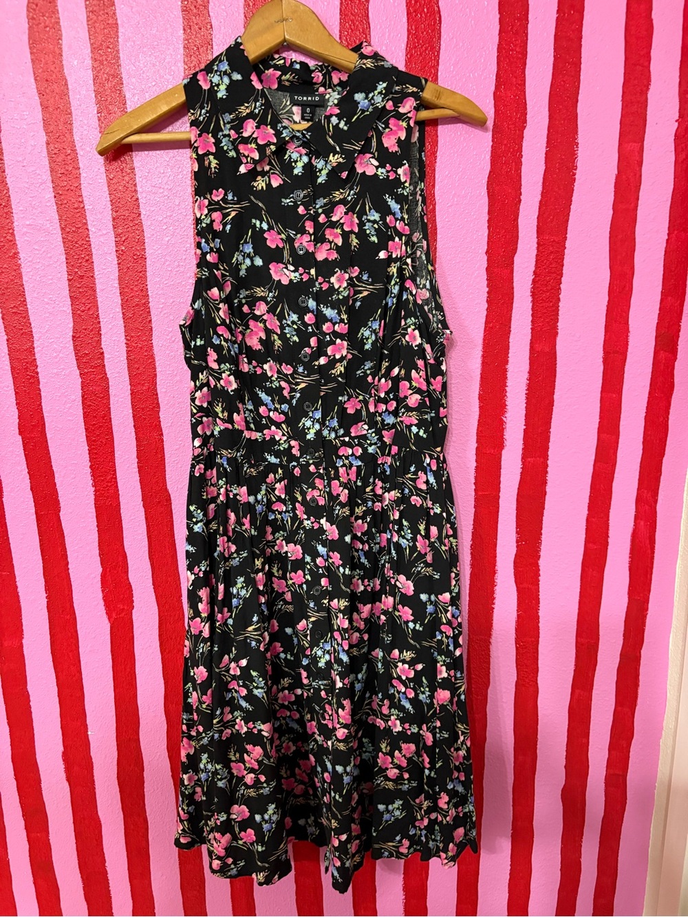 torrid Black Floral Sleeveless Midi Dress with Pink & Blue Blooms